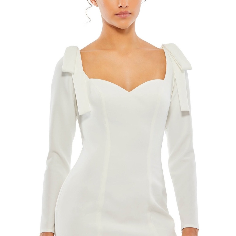IEENA Mac Duggal White Long Sleeve Bow Shoulder Sweetheart Mini Dress Size‎ 0